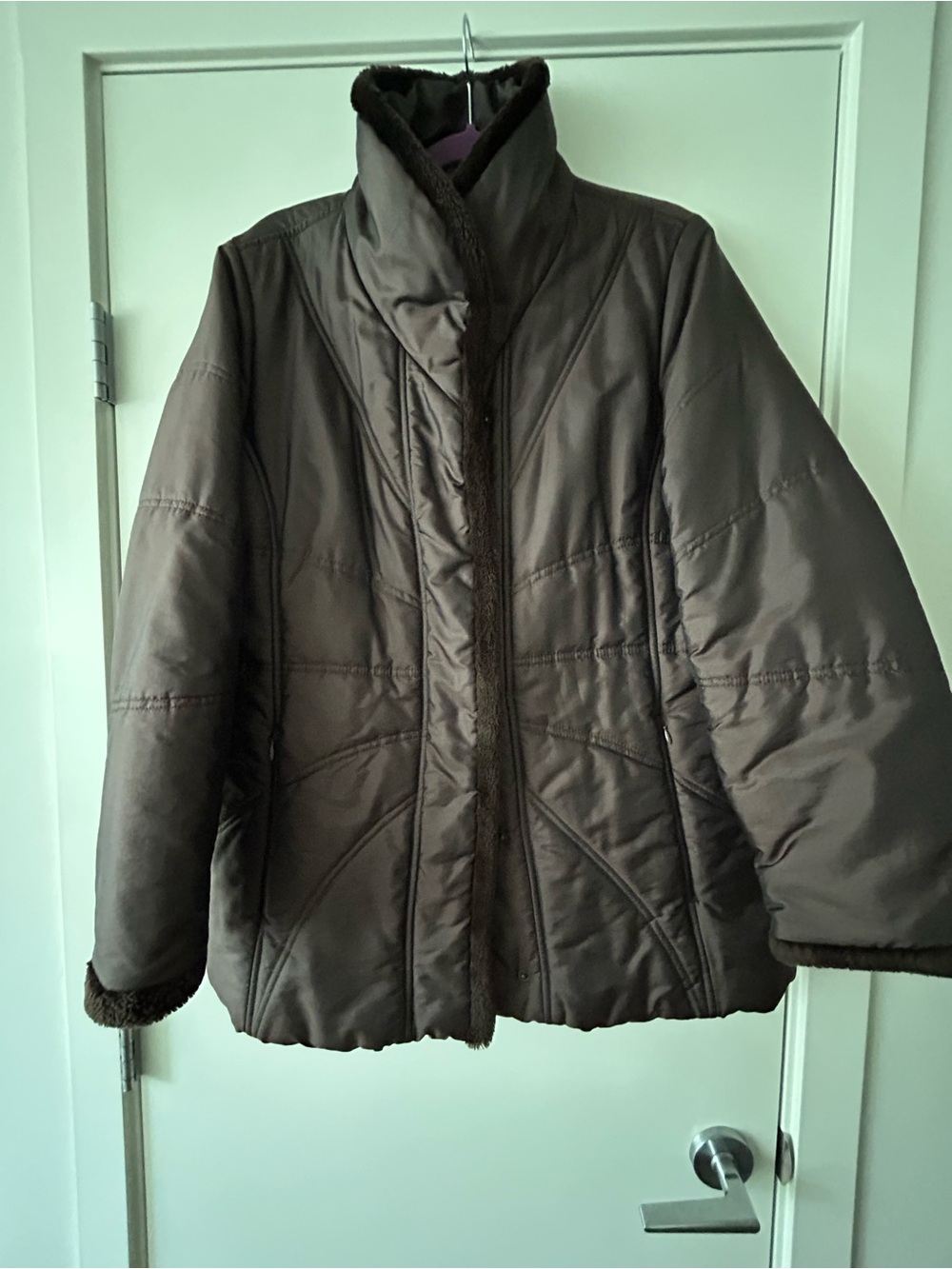Jones New York Brown Puffer Jacket with Faux Fur Trim